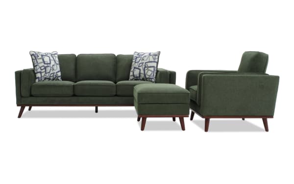 Tribeca Green 90'' mid-century modern sofa set with chair and storage ottoman, green polyester fabric, memory foam cushions, and accent pillows.