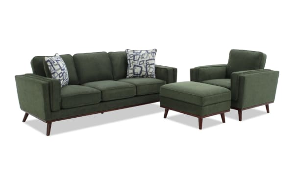 Tribeca Green 90'' Sofa, Chair & Storage Ottoman set in mid-century modern green polyester fabric, featuring memory foam cushions and hidden storage ottoman.
