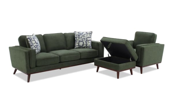 Tribeca Green 90'' mid-century modern sofa set with polyester fabric, memory foam cushions, accent pillows, and a storage ottoman.