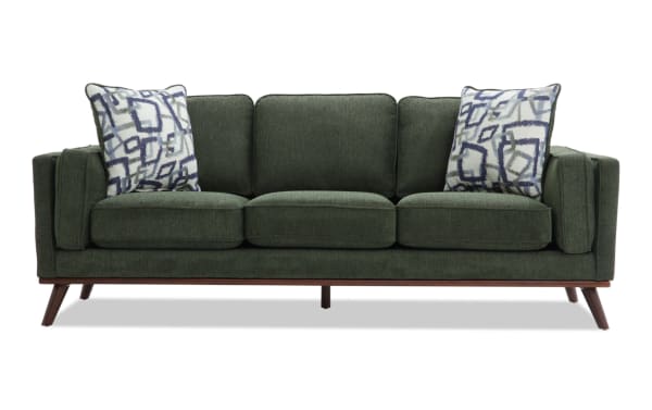 Tribeca Green 90'' Sofa in mid-century modern style with green polyester fabric, memory foam cushions, and geometric accent pillows.