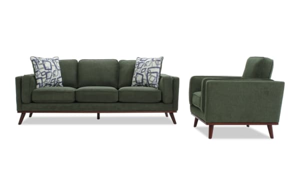 Tribeca Green 90'' Sofa & Chair set in mid-century modern style, green polyester fabric, memory foam cushions, with patterned accent pillows.