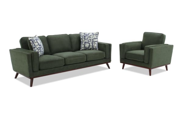 Tribeca Green 90'' Sofa & Chair set in mid-century modern style, green polyester fabric with Bob-O-Pedic memory foam cushions and patterned accent pillows.