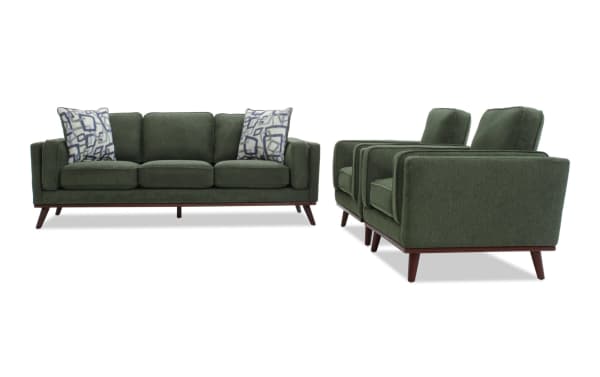 Tribeca Green 90'' Sofa & 2 Chairs set in mid-century modern style, green polyester fabric with Bob-O-Pedic memory foam cushions and accent pillows.