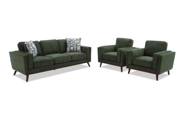 Tribeca Green 90'' Sofa & 2 Chairs set in mid-century modern style, green polyester fabric with Bob-O-Pedic Memory Foam cushions and accent pillows.