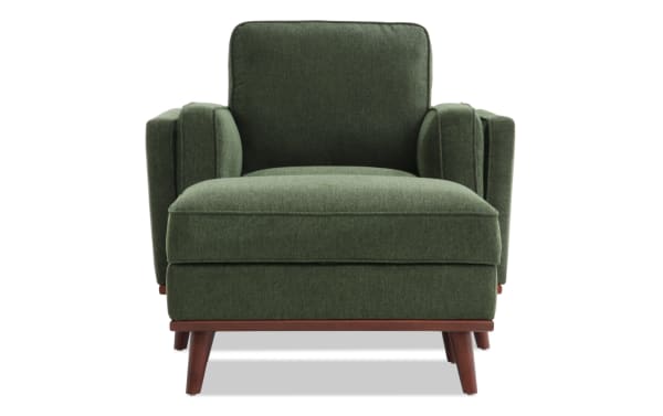 Mid-century modern Tribeca Green Chair & Storage Ottoman in green polyester fabric, featuring memory foam cushioning and a hidden storage ottoman.