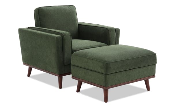 Mid-Century Modern Tribeca Green Chair and Storage Ottoman set in green polyester fabric, featuring Bob-O-Pedic Memory Foam cushioning and hidden storage ottoman.