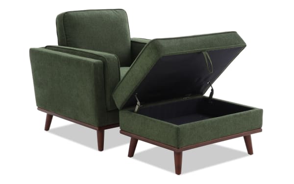 Tribeca Green Chair & Storage Ottoman in green polyester fabric, mid-century modern style with memory foam cushioning and hidden storage ottoman.