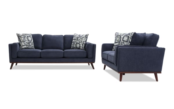 Tribeca Navy 90'' Sofa and 66'' Loveseat set in mid-century modern style, blue polyester fabric with Bob-O-Pedic Memory Foam cushions and patterned accent pillows.