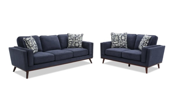Tribeca Navy 90'' Sofa & 66'' Loveseat set in blue polyester fabric, mid-century modern style with tapered wood legs and Bob-O-Pedic memory foam cushions.