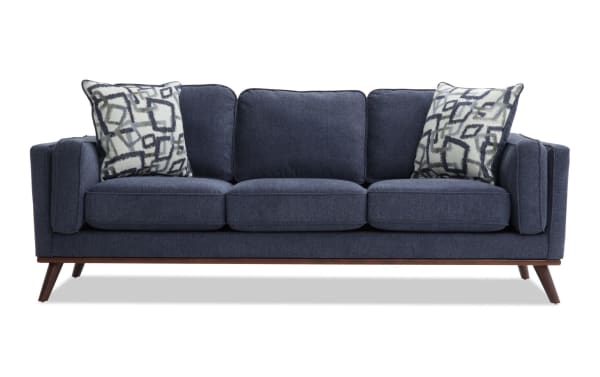 Tribeca Navy 90'' Sofa from the Tribeca collection, mid-century modern style in blue polyester fabric with memory foam cushions and patterned accent pillows.