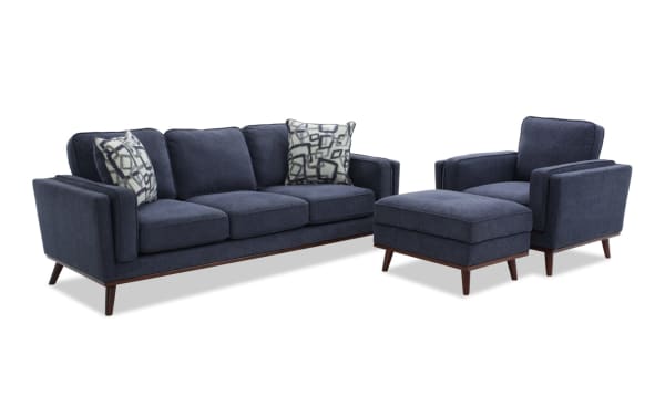 Tribeca Navy 90'' Sofa, Chair & Storage Ottoman set in mid-century modern style with navy polyester fabric, memory foam cushions, and hidden storage ottoman.