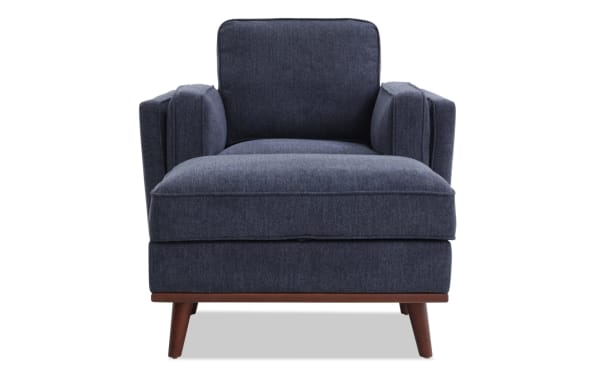 Tribeca Navy Chair & Storage Ottoman in blue polyester fabric, mid-century modern style with memory foam cushions and hidden storage ottoman.