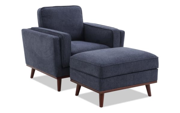 Tribeca Navy Chair & Storage Ottoman set in mid-century modern style, navy polyester fabric, memory foam cushion, and hidden storage ottoman.
