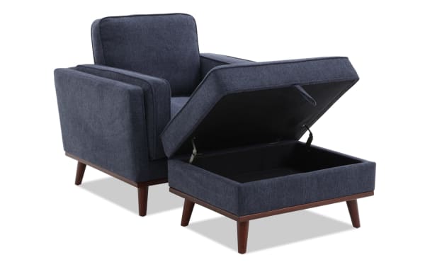 Tribeca Navy Chair & Storage Ottoman in blue polyester fabric, mid-century modern style with memory foam cushioning and hidden storage ottoman.