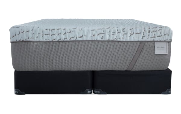 Enchant 16'' King Firm Split Standard Mattress Set with gray textured sides, white cooling cover, and black split foundation, featuring CertiPUR-US® foam and firm support.