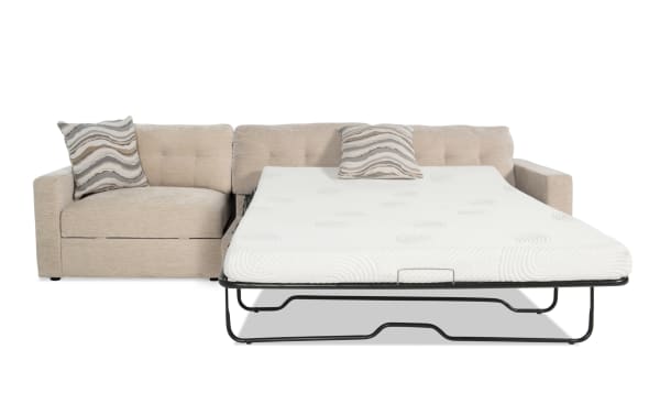 Beige Modular Bob® 124'' 2-piece right arm facing storage sleeper sofa in contemporary style, polyester fabric upholstery, with queen gel memory foam mattress and built-in storage.