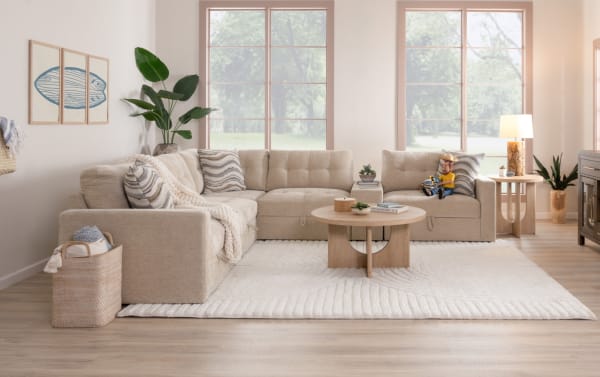 Beige Modular Bob® 124'' 2 Piece Right Arm Facing Storage Sleeper Sofa with queen gel memory foam mattress, polyester fabric upholstery, and contemporary style.