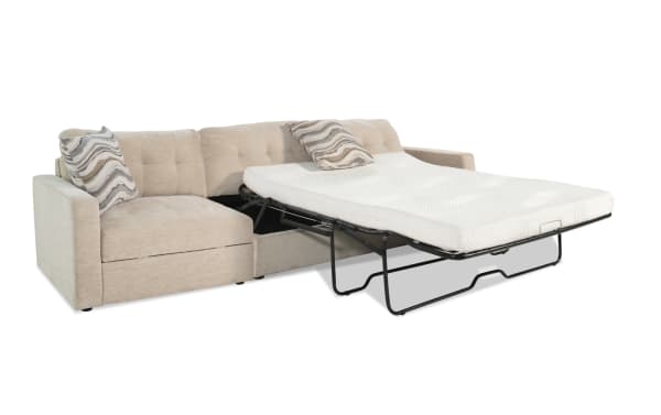 Beige Modular Bob® 124'' 2-piece right arm facing storage sleeper sofa with queen gel memory foam mattress, contemporary polyester fabric upholstery.