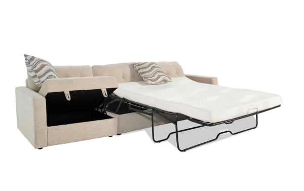Beige Modular Bob® 124'' 2-piece right arm facing storage sleeper sofa with queen gel memory foam mattress, polyester fabric upholstery, contemporary style.