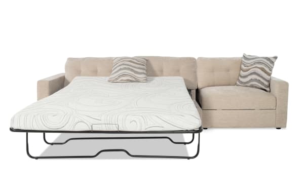 Beige Modular Bob® 124" 2-piece left arm facing storage sleeper sofa with queen cooling gel memory foam mattress, polyester fabric upholstery, contemporary style.