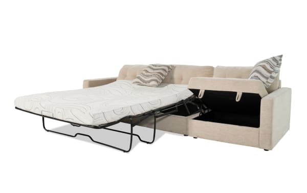 Beige Modular Bob® 124'' 2-piece left arm facing storage sleeper sofa with contemporary design, polyester fabric, and queen cooling gel memory foam mattress.