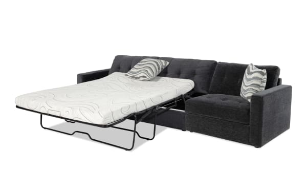 Modular Bob® 124'' charcoal gray 2-piece left arm facing storage sleeper sofa with queen cooling gel memory foam mattress, polyester fabric upholstery, and contemporary style.