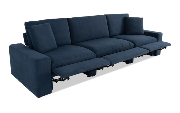 Dream Navy 131'' Power Reclining Modular Sofa with Power Headrest, 3 recliners, navy blue polyester fabric, transitional style, reversible cushions, and accent pillows.