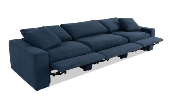 Dream Navy 131'' Power Reclining Modular Sofa with Power Headrest, 3 recliners, navy blue polyester fabric, transitional style, reversible cushions, and accent pillows.