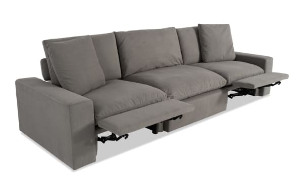 Dream Gray 131'' Power Reclining Modular Sofa with 2 recliners, armless chair, gray polyester fabric, transitional style, reversible cushions, power headrest.