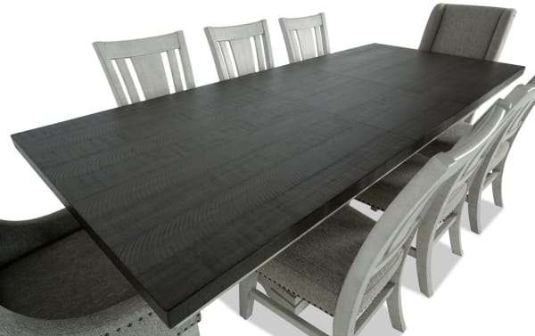 Beaumont 9 Piece Transitional Dining Set with beige polyester-upholstered memory foam chairs, extendable pine veneer table, and felt-lined storage drawers.