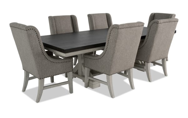 Beaumont 7 Piece Beige Upholstered Extendable Dining Set with pine solids, polyester fabric chairs, nailhead trim, and felt-lined storage drawers.