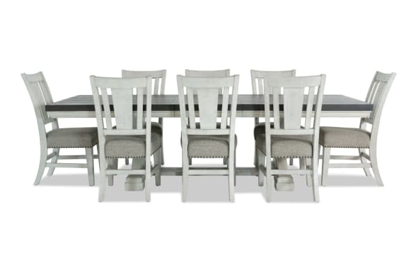 Beaumont 9 Piece Extendable Dining Set with beige polyester-upholstered memory foam chairs, white pine solids table with felt-lined storage drawers, transitional style.