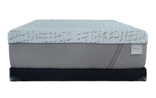 Enchant 16'' Queen Ultra Plush Low Profile Mattress Set with light gray textured cooling cover, gray quilted sides, black base, CertiPUR-US® foam, and plush comfort.