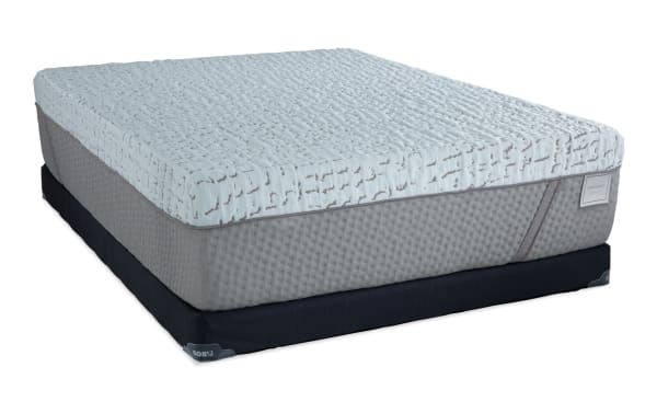 Enchant 16'' Queen Ultra Plush Low Profile Mattress Set in gray with textured cooling cover, featuring CertiPUR-US® foam for pressure relief and motion isolation.