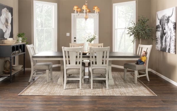 Beaumont White & Brown Extendable Storage Dining Table from Beaumont Dining collection, transitional style with pine solids, veneer, MDF, featuring felt-lined storage drawers and extending from 84" to 106" for versatile dining space.