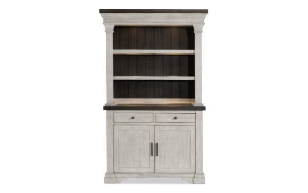 Beaumont White & Brown 2 Drawer China Cabinet from Beaumont Dining, transitional style with pine solids, veneer, MDF, featuring open shelves, drawers, and cabinet storage.