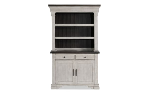 Beaumont White & Brown 2 Drawer China Cabinet from Beaumont Dining collection, transitional style with pine solids, veneer, MDF, two drawers, two-door storage, white frame, dark brown shelves and top.