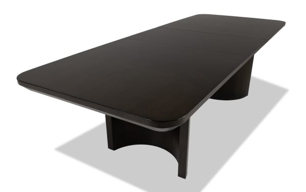 Luxe Brown Extendable Dining Table from Luxe Dining collection, contemporary style with dark oak veneer, rubberwood solids, and MDF, extends to 108" for luxury dining.