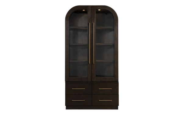 Luxe Brown 4 Drawer China Cabinet from Luxe Dining collection, contemporary style with rounded edges, LED lighting, tempered glass doors, and rubberwood, MDF, oak veneer construction.