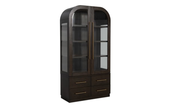 Contemporary Luxe Brown 4 Drawer China Cabinet with rounded edges, tempered glass doors, LED lighting, and rubberwood, MDF, oak veneer materials.