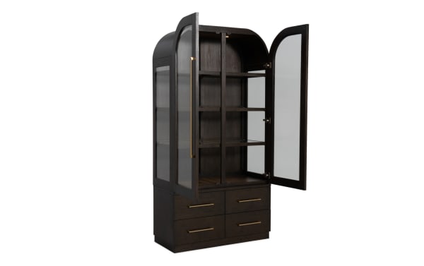 Luxe Brown 4 Drawer China Cabinet from Luxe Dining collection, featuring dark rubberwood, oak veneer, tempered glass doors, LED lighting, rounded edges, and four spacious drawers in contemporary style.
