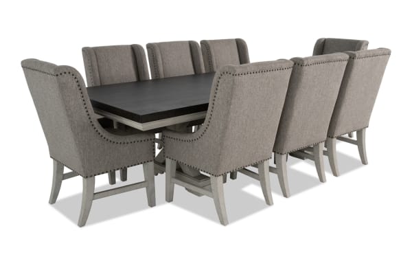 Beaumont 9 Piece Beige Upholstered Extendable Dining Set with pine solids, fabric polyester chairs, nailhead trim, and felt-lined storage drawers.