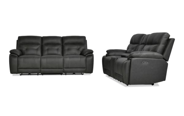 Sedona Charcoal Leather Power Reclining 87" Sofa and 77" Console Loveseat with power headrests, cup holders, USB ports, and wireless charging in transitional gray leather.