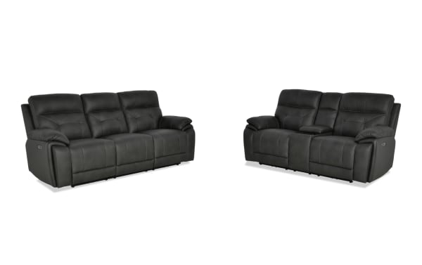 Sedona Charcoal Leather Power Reclining 87" Sofa and 77" Console Loveseat in gray leather with power headrest, cup holders, and USB ports, transitional style.