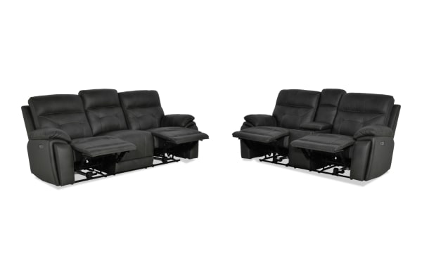 Sedona Charcoal leather power reclining 87" sofa and 77" console loveseat set in transitional style, featuring power headrests, cup holders, and plush upholstery.