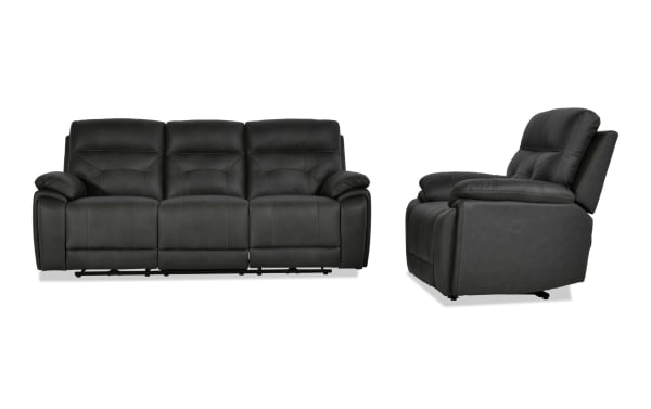 Sedona Charcoal Leather Power Reclining 87'' Sofa & Recliner set in transitional style, featuring gray leather upholstery, power headrest, and recline functions.