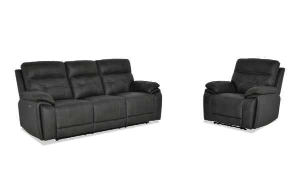 Sedona Charcoal Leather Power Reclining 87'' Sofa and Recliner set in transitional style, featuring gray leather upholstery, power headrests, and cup holders.