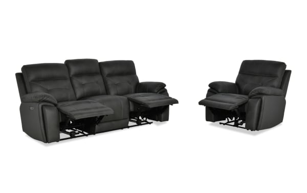 Sedona Charcoal Leather Power Reclining 87'' Sofa and Recliner set in transitional style, featuring charcoal leather upholstery, power headrests, and extended footrests.