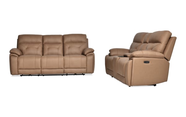 Sedona Sand Leather Power Reclining 87" Sofa and 77" Console Loveseat in beige leather, transitional style with padded seats, power headrests, cup holders, and USB ports.
