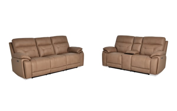 Sedona Sand Leather Power Reclining 87" Sofa and 77" Console Loveseat in beige transitional style with leather upholstery, power headrests, and recline features.